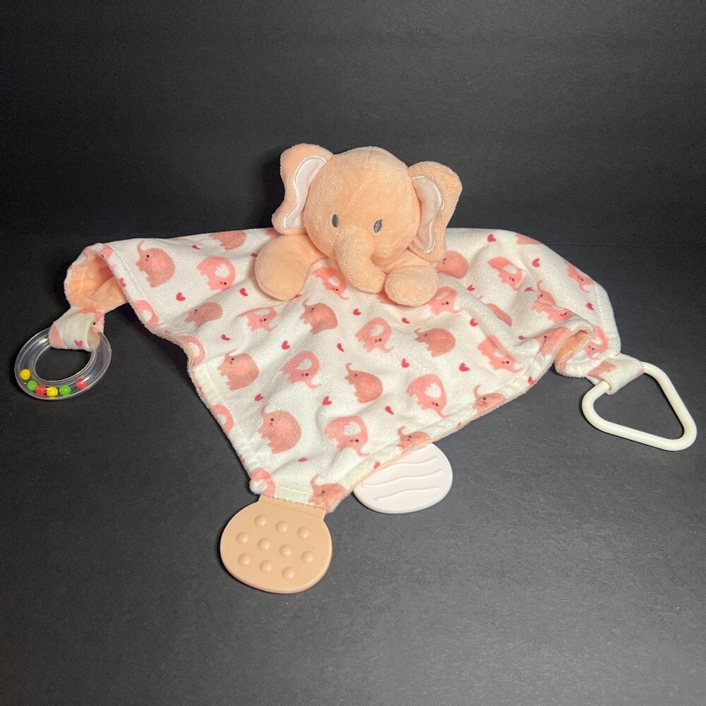 Modern Baby Peach & Pink Lovey Plush Elephant Teether Rattle Security Blanket